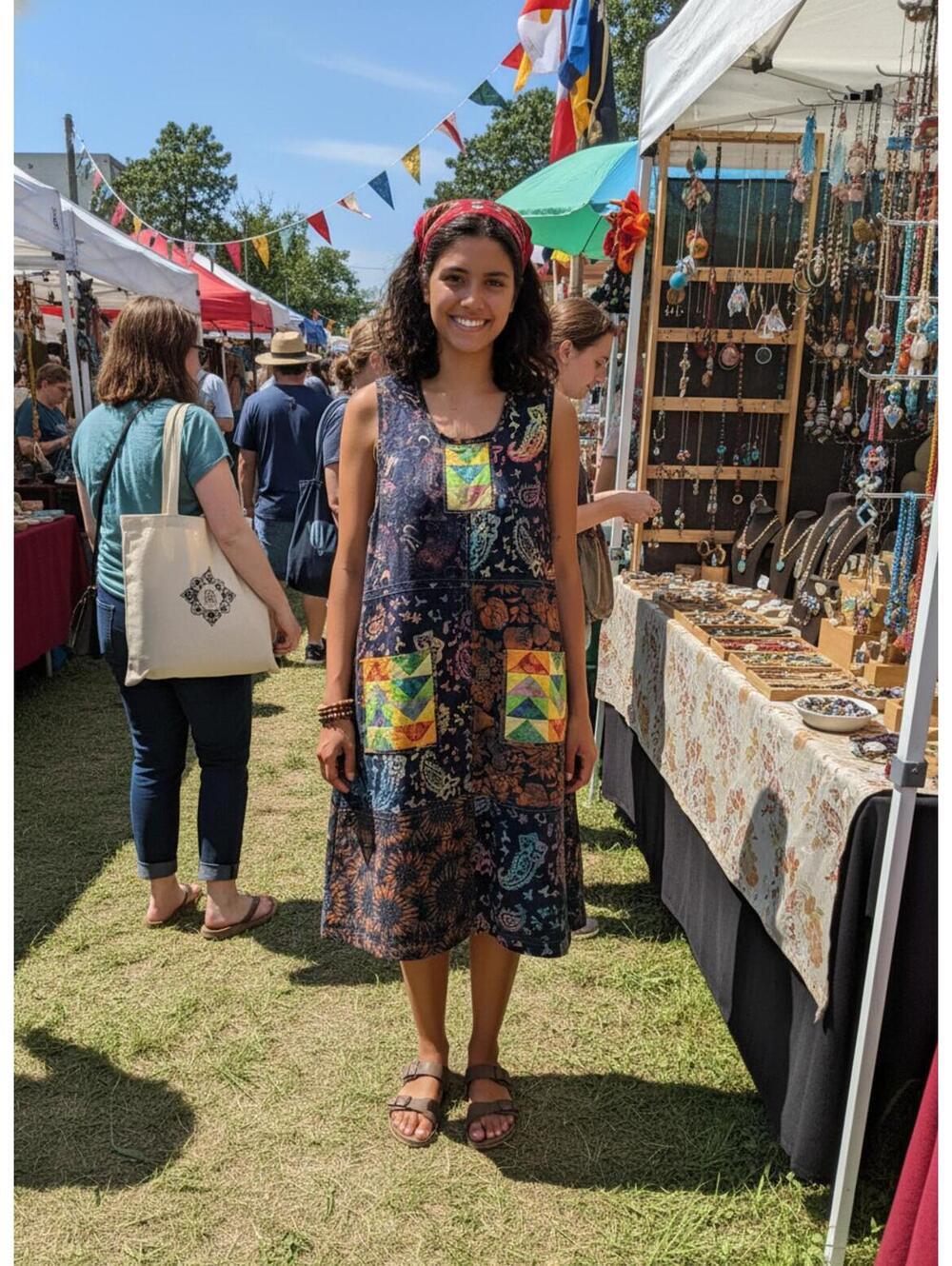 Unique Handmade Colorful Patchwork Sleeveless Dress with Pockets M